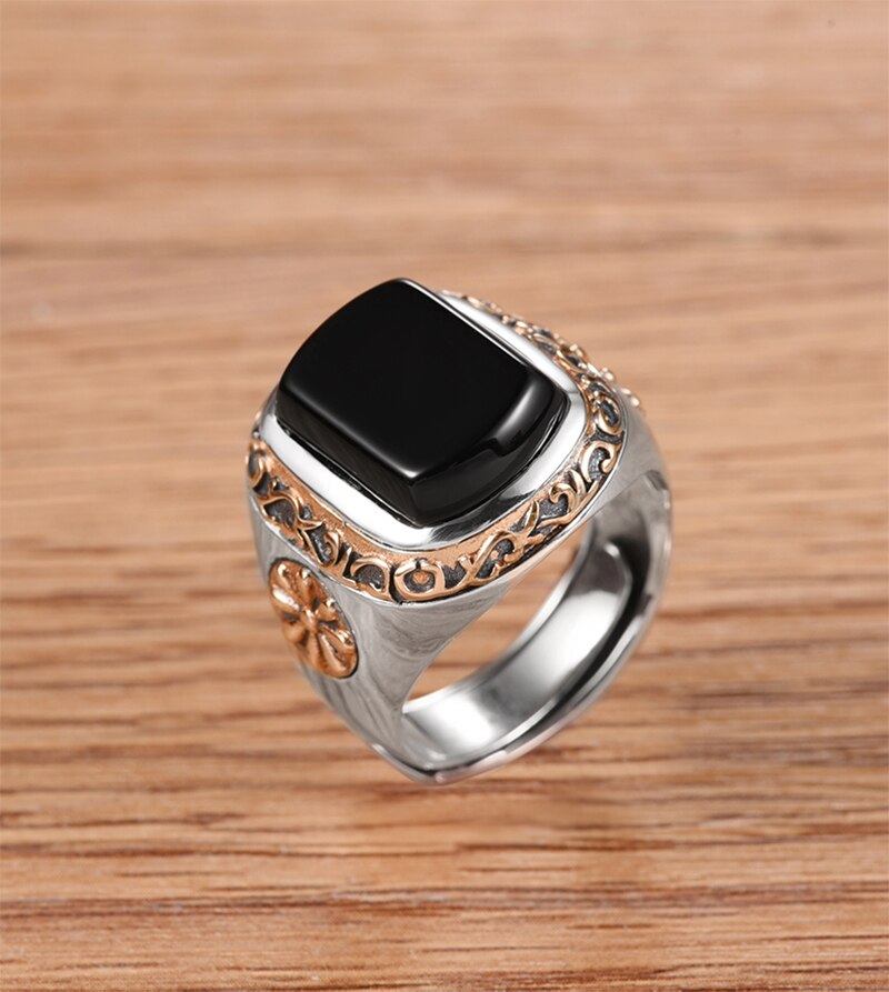 Black Onyx Stone 925 Sterling Silver Adjustable Vintage Ring-Rings-Innovato Design-Innovato Design