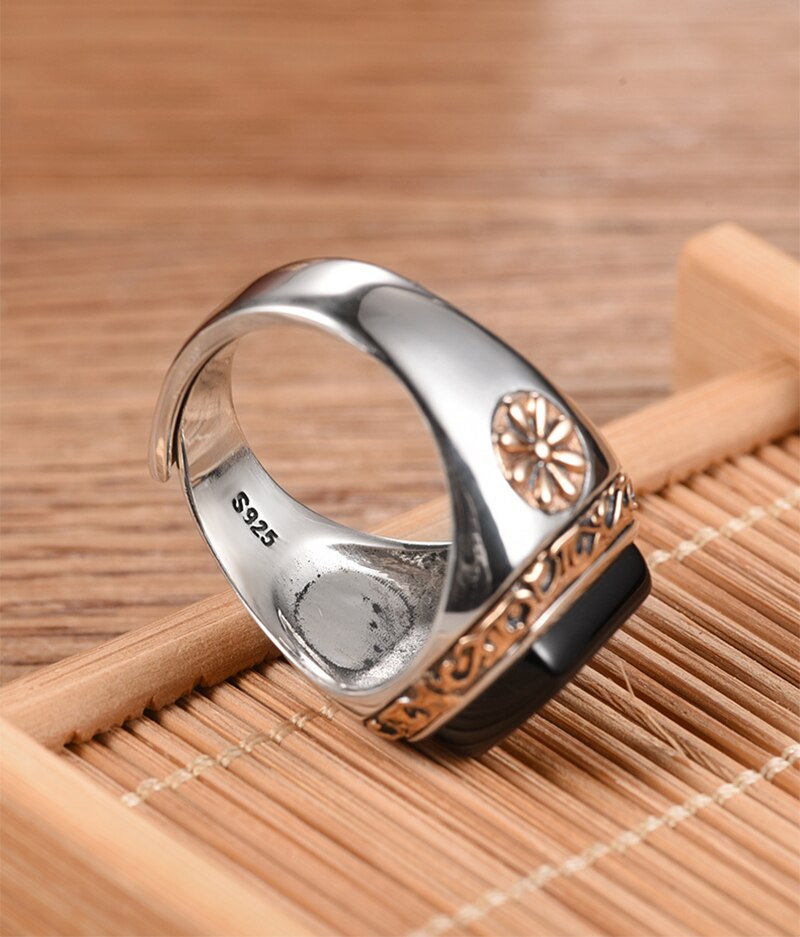 Black Onyx Stone 925 Sterling Silver Adjustable Vintage Ring-Rings-Innovato Design-Innovato Design
