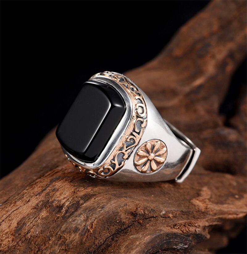 Black Onyx Stone 925 Sterling Silver Adjustable Vintage Ring-Rings-Innovato Design-Innovato Design