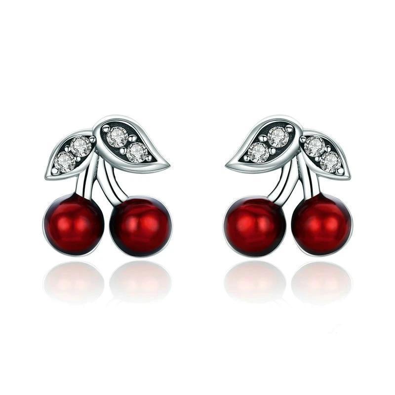 925 Sterling Silver Red Cherry Stud Earrings with Zirconia Crystal-Earrings-Innovato Design-Innovato Design
