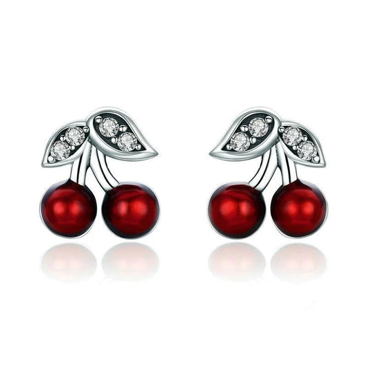 925 Sterling Silver Red Cherry Stud Earrings with Zirconia Crystal-Earrings-Innovato Design-Innovato Design