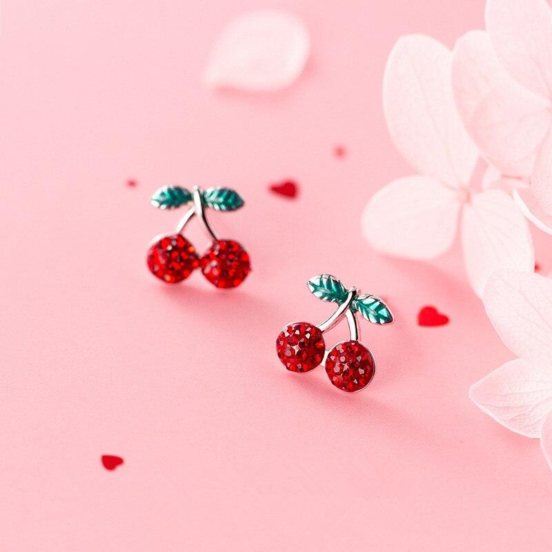 Red, Silver and Green Cherry Stud Earrings 925 Sterling Silver-Earrings-Innovato Design-Innovato Design