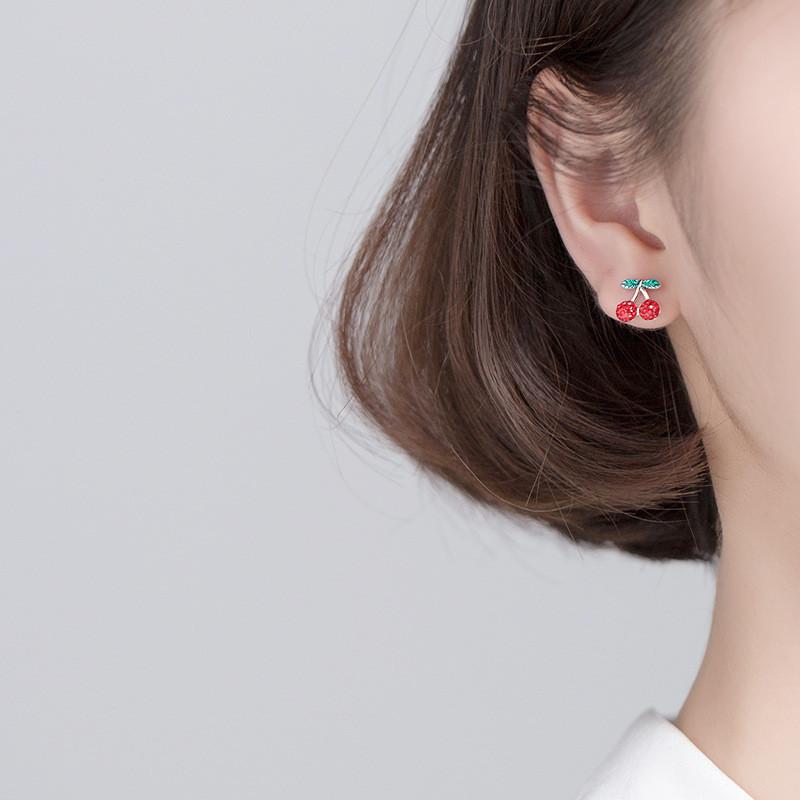 Red, Silver and Green Cherry Stud Earrings 925 Sterling Silver-Earrings-Innovato Design-Innovato Design