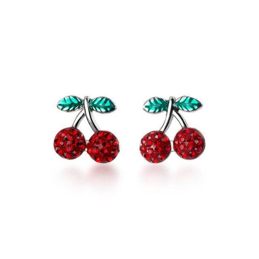 Red, Silver and Green Cherry Stud Earrings 925 Sterling Silver-Earrings-Innovato Design-Innovato Design