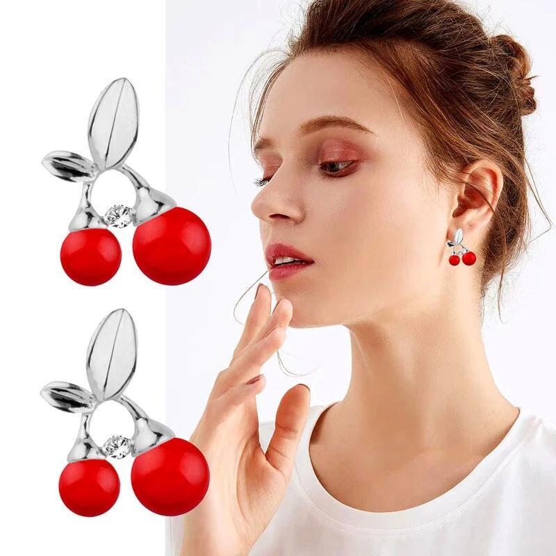 Silver Leaves & Red Cherry Stud Earrings-Earrings-Innovato Design-Innovato Design