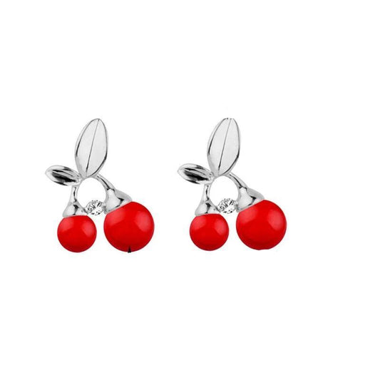 Silver Leaves & Red Cherry Stud Earrings-Earrings-Innovato Design-Innovato Design