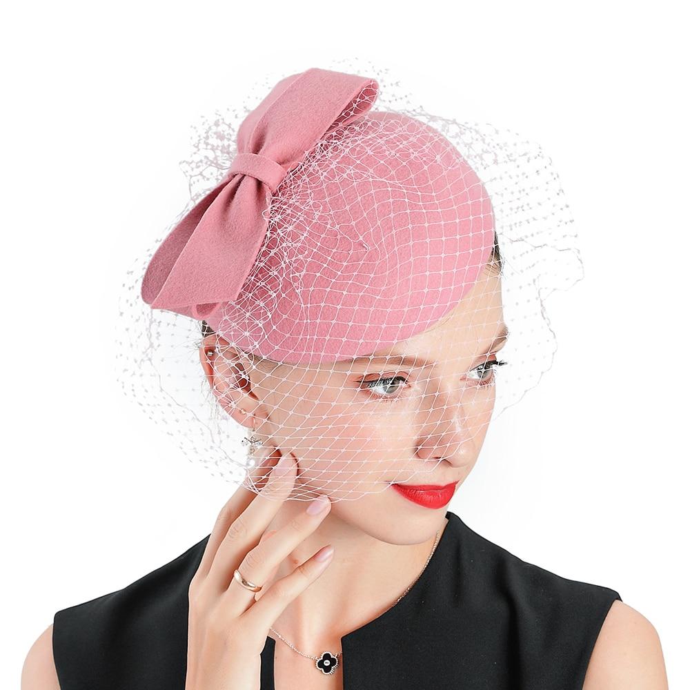 Pink Wool Pillbox Fascinator Hat with Bow and Netted Veil-Hats-Innovato Design-Innovato Design