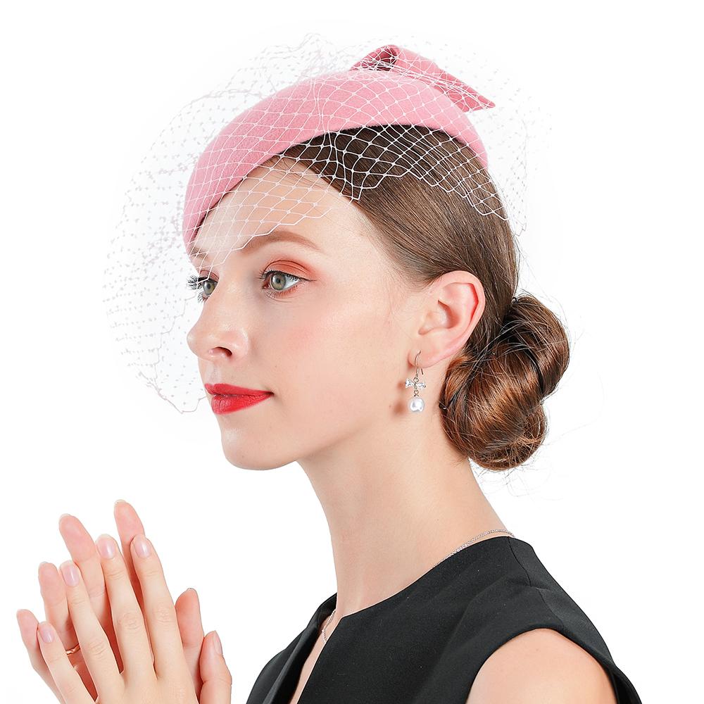 Pink Wool Pillbox Fascinator Hat with Bow and Netted Veil-Hats-Innovato Design-Innovato Design