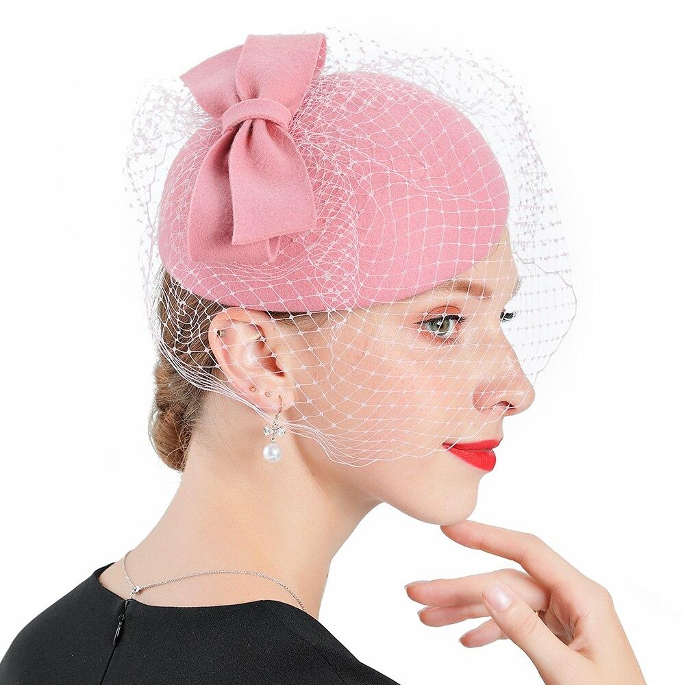 Pink Wool Pillbox Fascinator Hat with Bow and Netted Veil-Hats-Innovato Design-Innovato Design