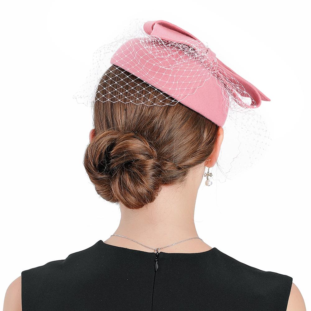 Pink Wool Pillbox Fascinator Hat with Bow and Netted Veil-Hats-Innovato Design-Innovato Design