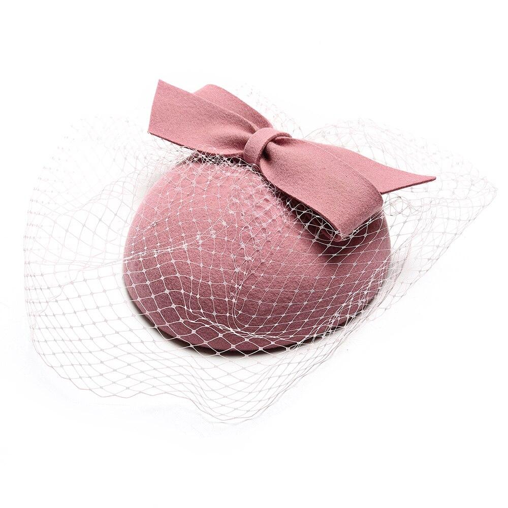 Pink Wool Pillbox Fascinator Hat with Bow and Netted Veil-Hats-Innovato Design-Innovato Design