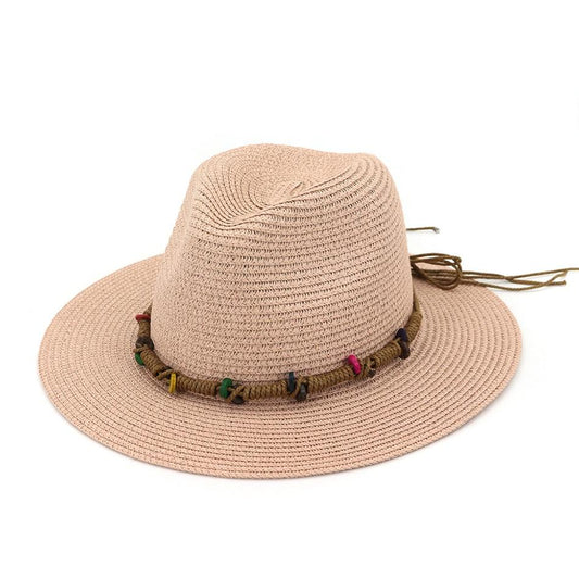 Vintage Ethnic Straw Panama Hat with Colorful Buttons Bow-Hats-Innovato Design-Pink-Innovato Design