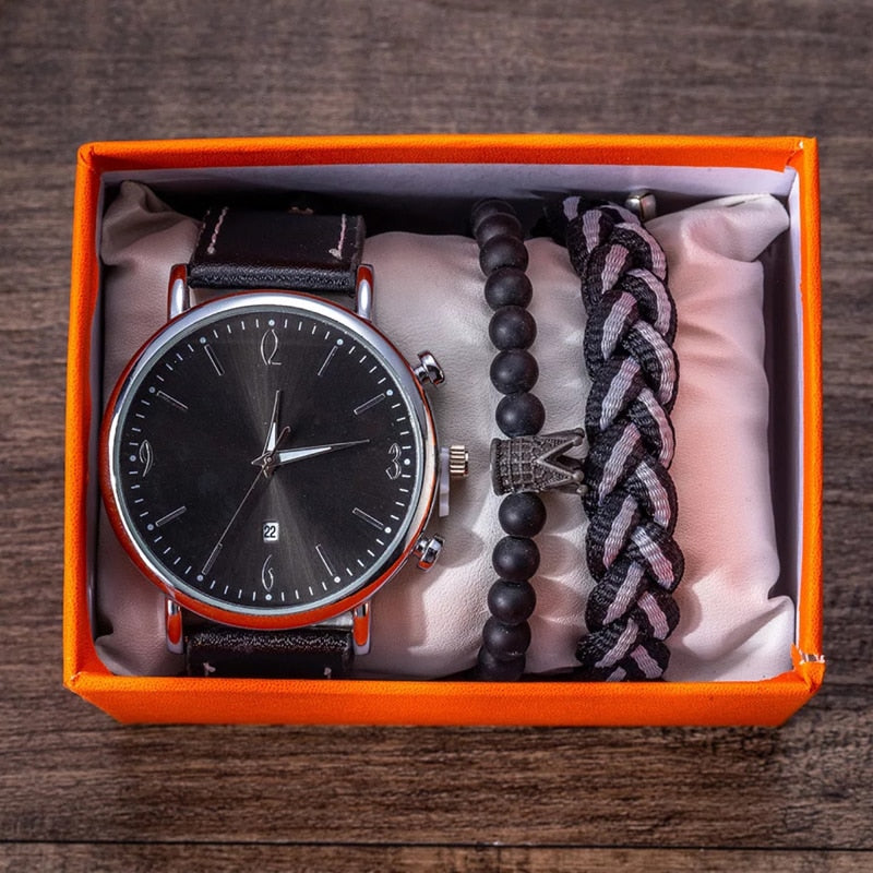 Men Quartz Watch and Bracelets Gift Box Set-Jewelry Sets-Innovato Design-Black-Innovato Design