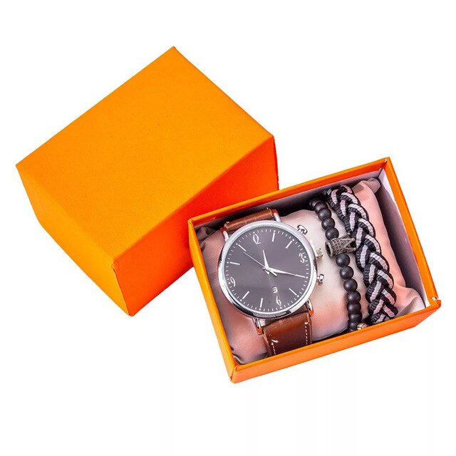 Men Quartz Watch and Bracelets Gift Box Set-Jewelry Sets-Innovato Design-Brown-Innovato Design