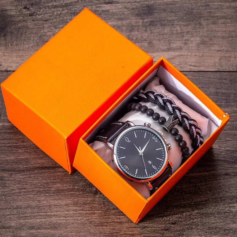 Men Quartz Watch and Bracelets Gift Box Set-Jewelry Sets-Innovato Design-Black-Innovato Design