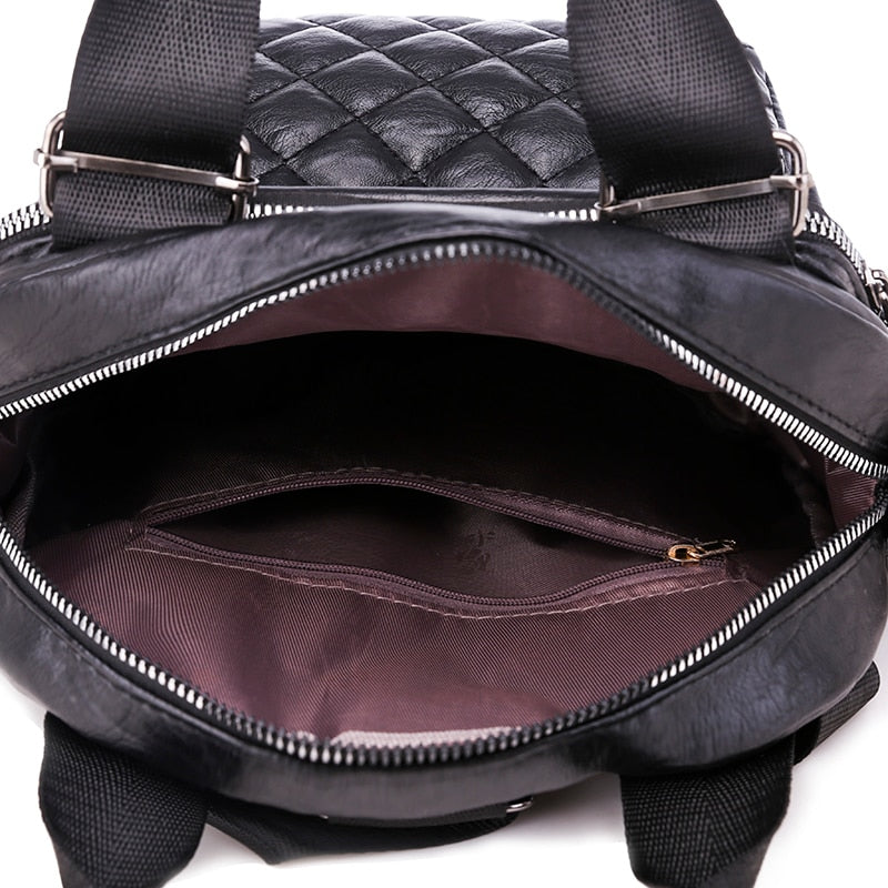 Multifunction Hairball Pendant and Rhombic Pattern Stitches Leather Backpack-Backpacks-Innovato Design-Brown-Innovato Design