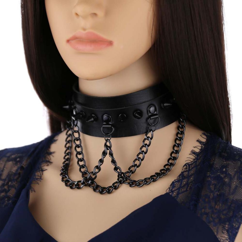 Black Spike Stud and Chain Link Collar Choker Leather Gothic Steampunk Necklace-Necklace-Innovato Design-Dark Blue-Innovato Design