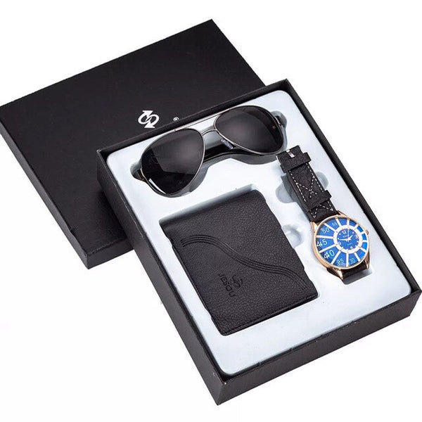 Men Quartz Watch, Folding Wallet, Sunglasses Family Gift Set-Jewelry Sets-Innovato Design-Black Blue-Innovato Design