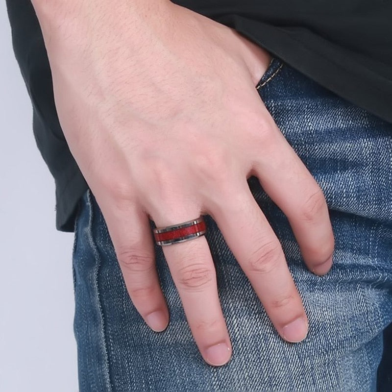 Red Koa Wood and Heart Cubic Zirconia Stainless Steel Wedding Bands-Couple Rings-Innovato Design-6-5-Innovato Design