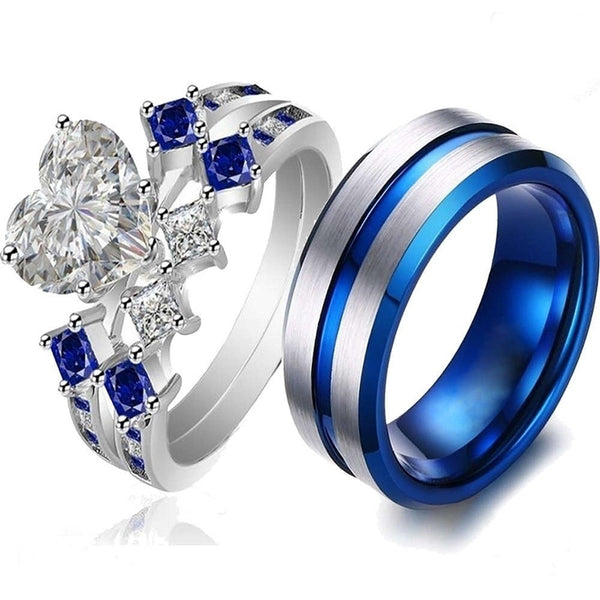 White/Blue Cubic Zirconia Heart and Blue Inlay Stainless Steel Wedding Bands Set-Couple Rings-Innovato Design-6-5-Innovato Design