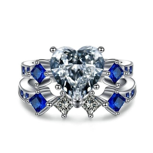 White/Blue Cubic Zirconia Heart and Blue Inlay Stainless Steel Wedding Bands Set-Couple Rings-Innovato Design-6-5-Innovato Design
