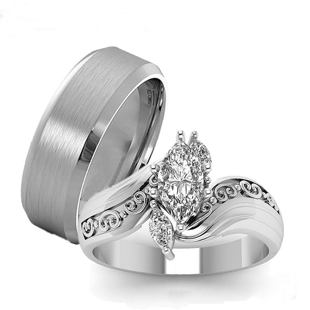 His & Hers Cubic Zirconia and Plain Stainless Steel Wedding Bands-Couple Rings-Innovato Design-6-5-Innovato Design