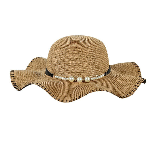 Foldable Floppy Wide Brim Straw Sun Hat with Pearls-Hats-Innovato Design-Khaki-Innovato Design
