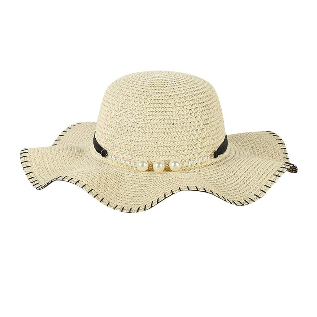 Foldable Floppy Wide Brim Straw Sun Hat with Pearls-Hats-Innovato Design-Khaki-Innovato Design
