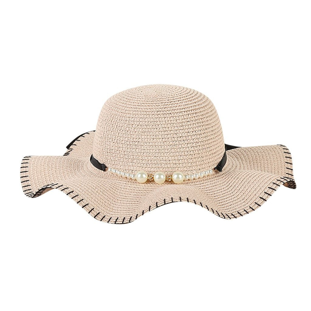 Foldable Floppy Wide Brim Straw Sun Hat with Pearls-Hats-Innovato Design-Khaki-Innovato Design