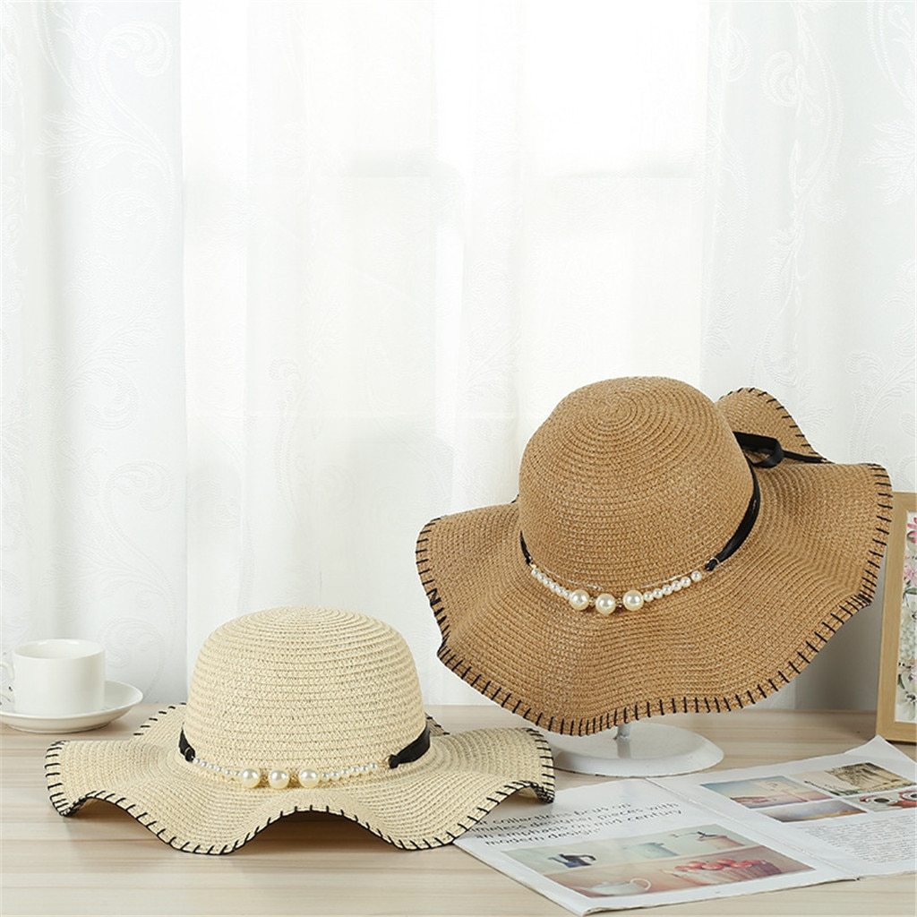 Foldable Floppy Wide Brim Straw Sun Hat with Pearls-Hats-Innovato Design-Khaki-Innovato Design