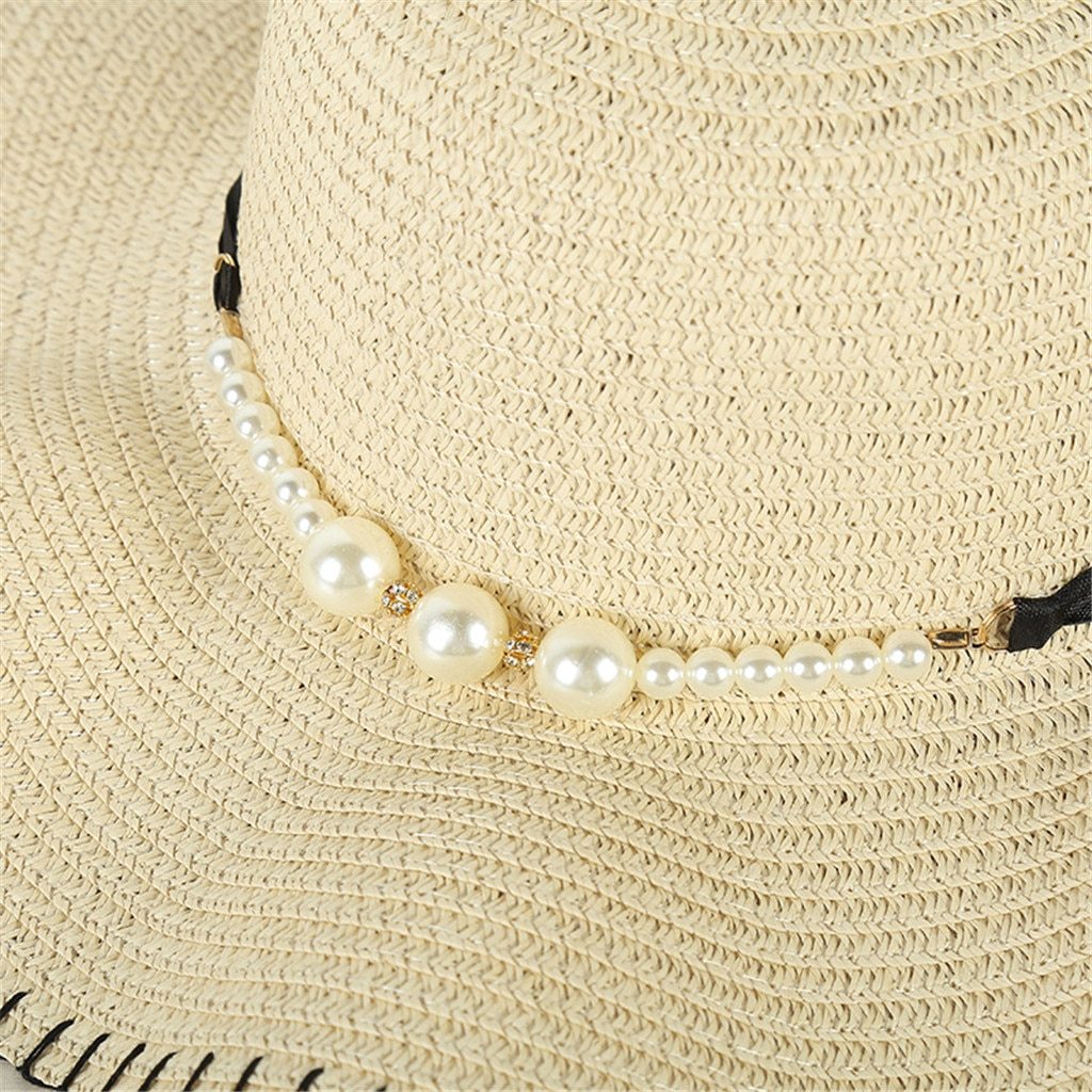 Foldable Floppy Wide Brim Straw Sun Hat with Pearls-Hats-Innovato Design-Khaki-Innovato Design