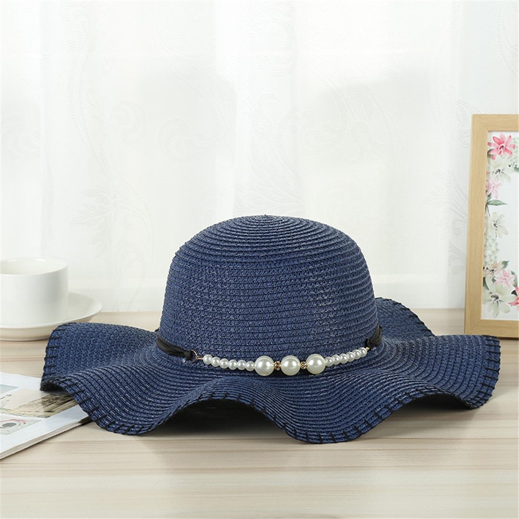 Foldable Floppy Wide Brim Straw Sun Hat with Pearls-Hats-Innovato Design-Khaki-Innovato Design