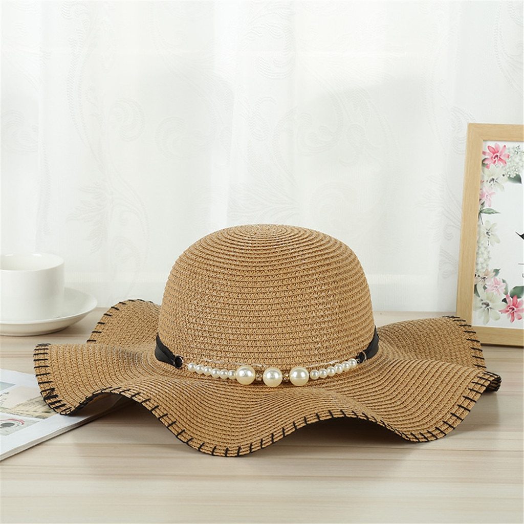 Foldable Floppy Wide Brim Straw Sun Hat with Pearls-Hats-Innovato Design-Khaki-Innovato Design