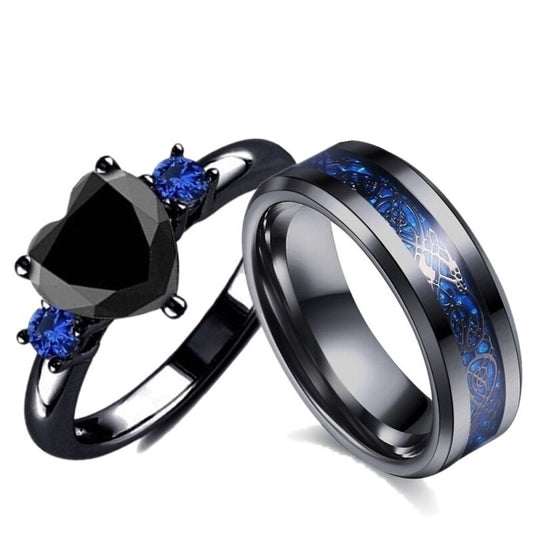 Black Celtic Dragon Inlay Tungsten Carbide and Black Heart Cubic Zirconia Wedding Ring Set-Couple Rings-Innovato Design-7-5-Innovato Design