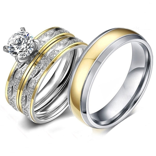 Gold/Silver Cubic Zirconia Stainless Steel Wedding Ring Set-Couple Rings-Innovato Design-6-5-Innovato Design