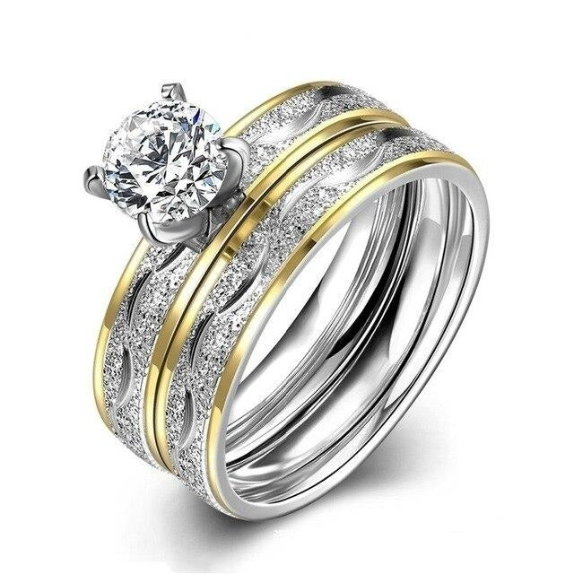 Gold/Silver Cubic Zirconia Stainless Steel Wedding Ring Set-Couple Rings-Innovato Design-6-5-Innovato Design