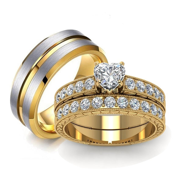 Gold Inlay and White Cubic Zirconia Stainless Steel Wedding Ring Set
