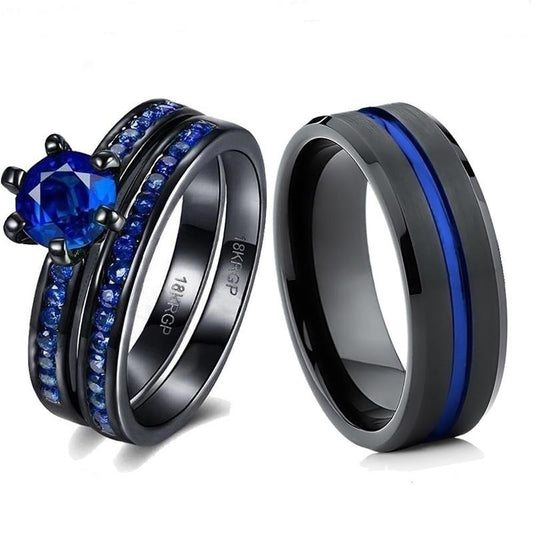 8mm Blue & Black Tungsten Carbide and Blue Cubic Zirconia Wedding Ring Set