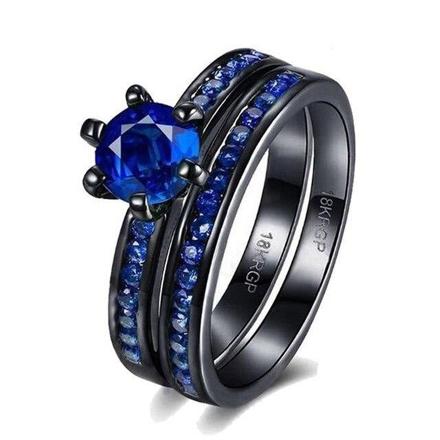 8mm Blue & Black Tungsten Carbide and Blue Cubic Zirconia Wedding Ring Set-Couple Rings-Innovato Design-6-5-Innovato Design