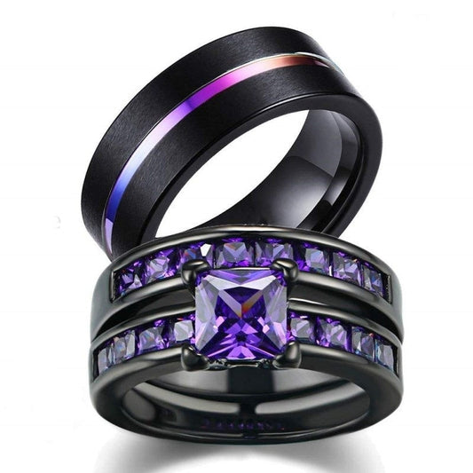 Purple Inlay and Purple Cubic Zirconia Stainless Steel Wedding Bands Set-Couple Rings-Innovato Design-6-5-Innovato Design