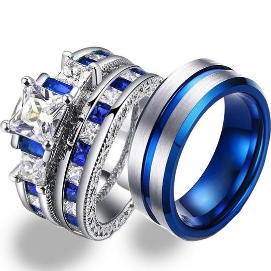 8mm Blue/Silver and Blue/White Rhinestone & Cubic Zirconia Stainless Steel Wedding Bands-Couple Rings-Innovato Design-7-5-Innovato Design