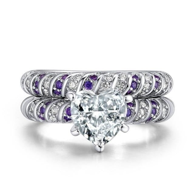 White Cubic Zirconia Heart and Plain Stainless Steel Wedding Bands Set-Couple Rings-Innovato Design-6-5-Innovato Design