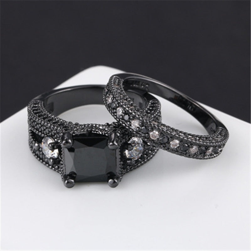 Black Cubic Zirconia Tungsten Carbide and Rhinestone 316L Stainless Steel Wedding Ring Set-Couple Rings-Innovato Design-6-5-Innovato Design