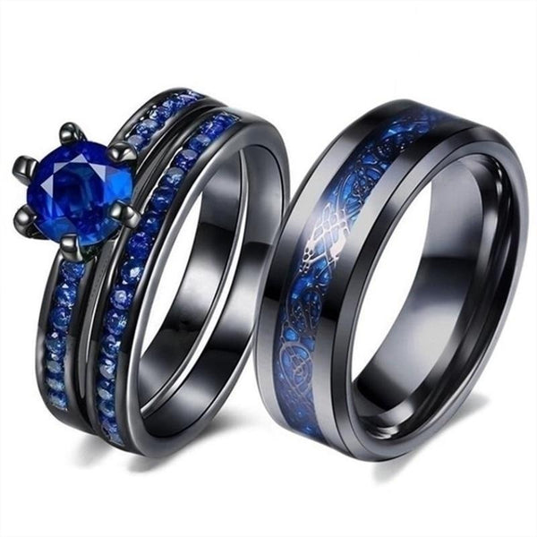 Black Celtic Dragon Inlay and Blue Cubic Zirconia Stainless Steel Wedding Ring Set-Couple Rings-Innovato Design-6-5-Innovato Design