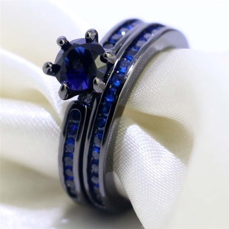 Black Celtic Dragon Inlay and Blue Cubic Zirconia Stainless Steel Wedding Ring Set-Couple Rings-Innovato Design-6-5-Innovato Design