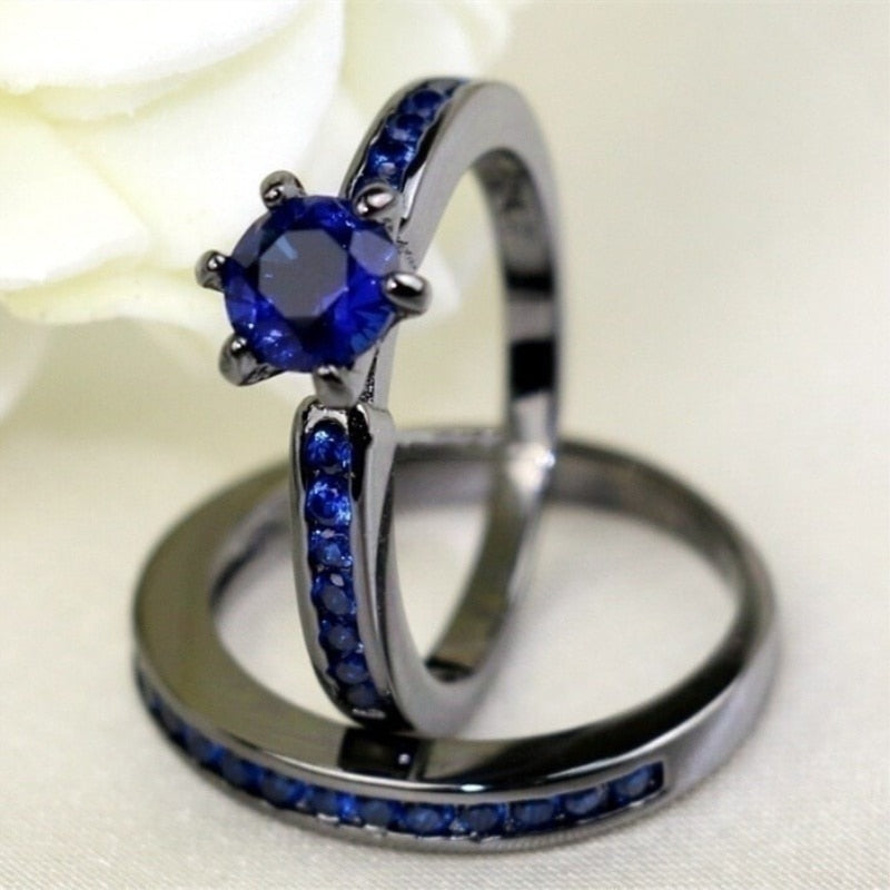 Black Celtic Dragon Inlay and Blue Cubic Zirconia Stainless Steel Wedding Ring Set-Couple Rings-Innovato Design-6-5-Innovato Design