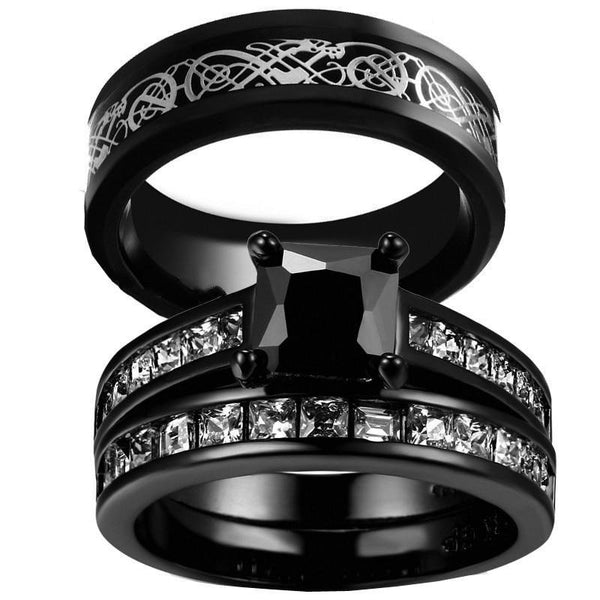 Silver Celtic Dragon Inlay and Black Rhinestone Stainless Steel Wedding Ring Set-Couple Rings-Innovato Design-6-5-Innovato Design