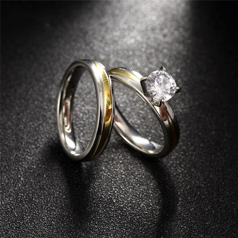 Gold and Silver Cubic Zirconia Stainless Steel Wedding Ring Set-Couple Rings-Innovato Design-6-5-Innovato Design