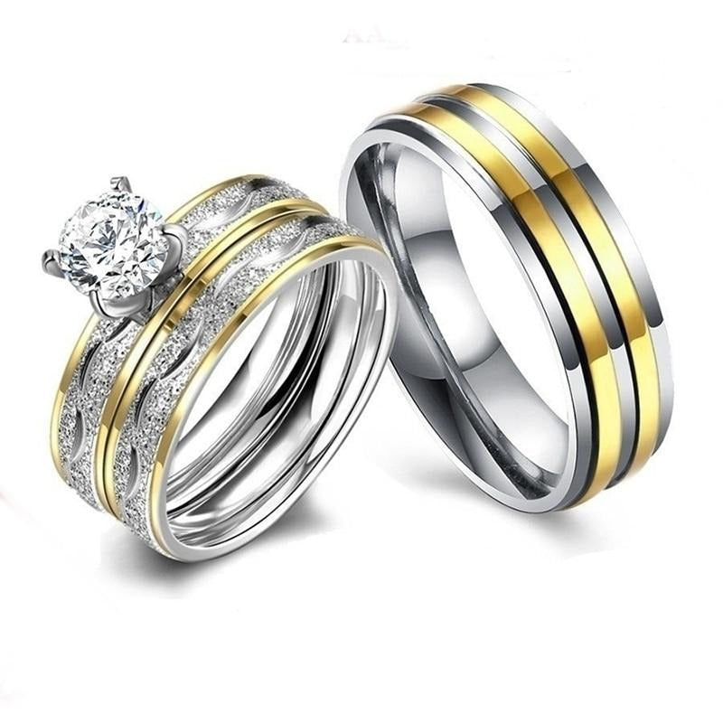 His & Hers Princess Cut CZ Gold Stainless Steel Wedding Ring Set (Size 8)