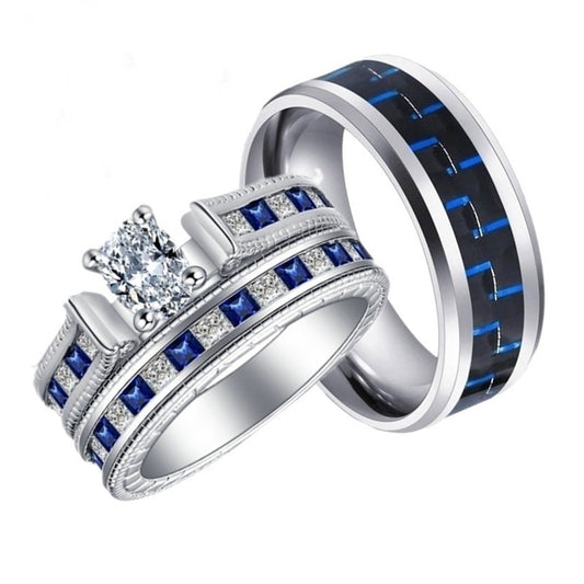 Black/Blue Carbon Fiber Inlay and Blue/White Cubic Zirconia Stainless Steel Wedding Ring Set-Couple Rings-Innovato Design-6-5-Innovato Design